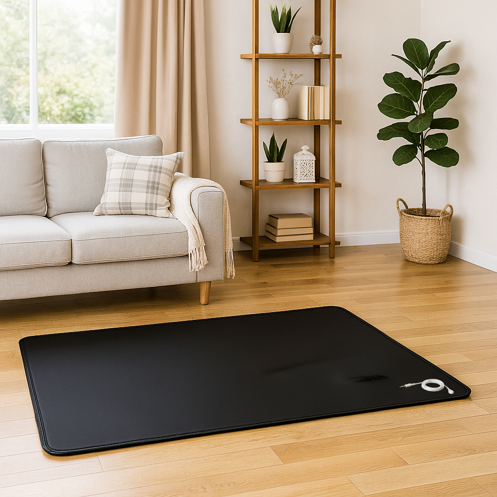 Universal Grounding Mat – EMF Recovery Sleep & Yoga Pad with Anti-Tangle Coil Cable (PU Conductive Surface)