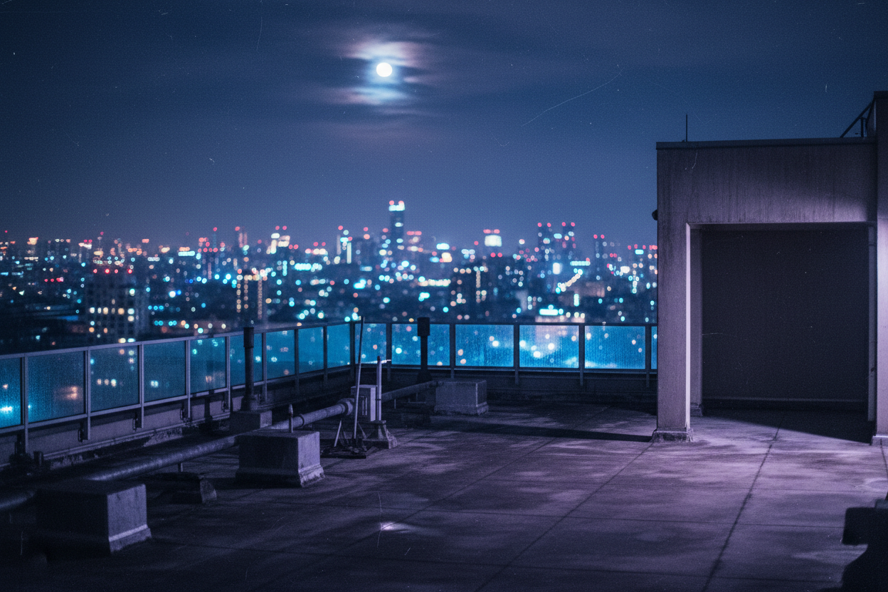 Wide cinematic urban rooftop scene at night, city skyline blurred, subtle grain, calm but powerful mood. Large empty mid-right area for hero text. Modern editorial aesthetic, 16:9.